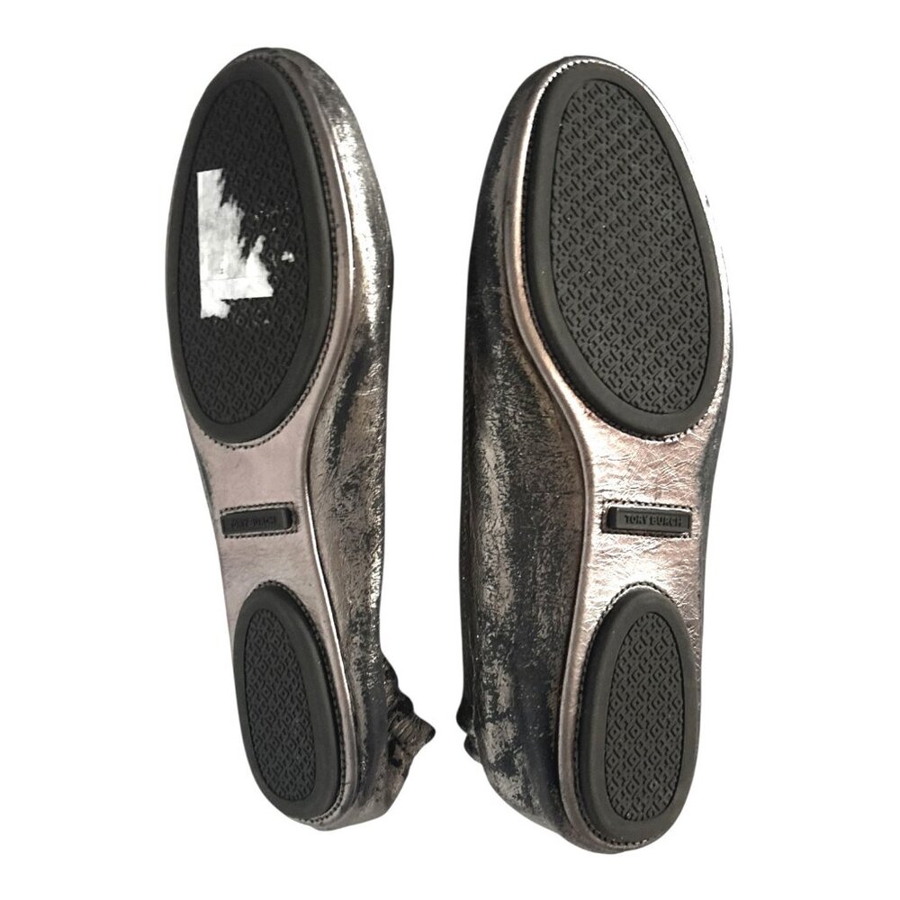 Tory Burch Minnie Leather Ballet Flats 8 Pewter Grey Metallic Logo Luxury - Picture 10 of 10
